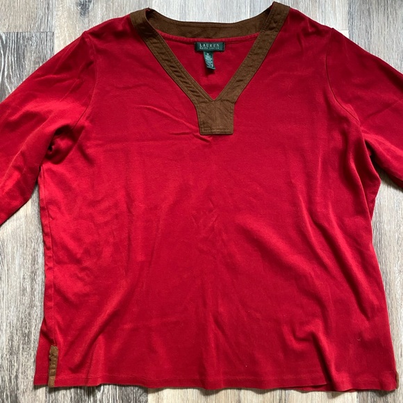Ralph Lauren Red V Neck 3/4 Sleeve Tee with Brown Suede Trim Size 3X Plus Size - Picture 1 of 5